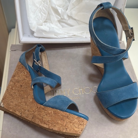 “Jimmy Choo” Women’s Wedge Sandals in Blue Suede pre-owned Size: 35 - Picture 2 of 14